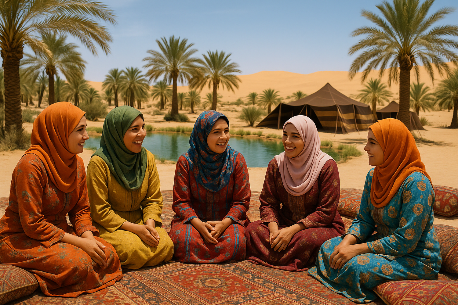 5 muslim women sitting in a desert oasis camp talking
