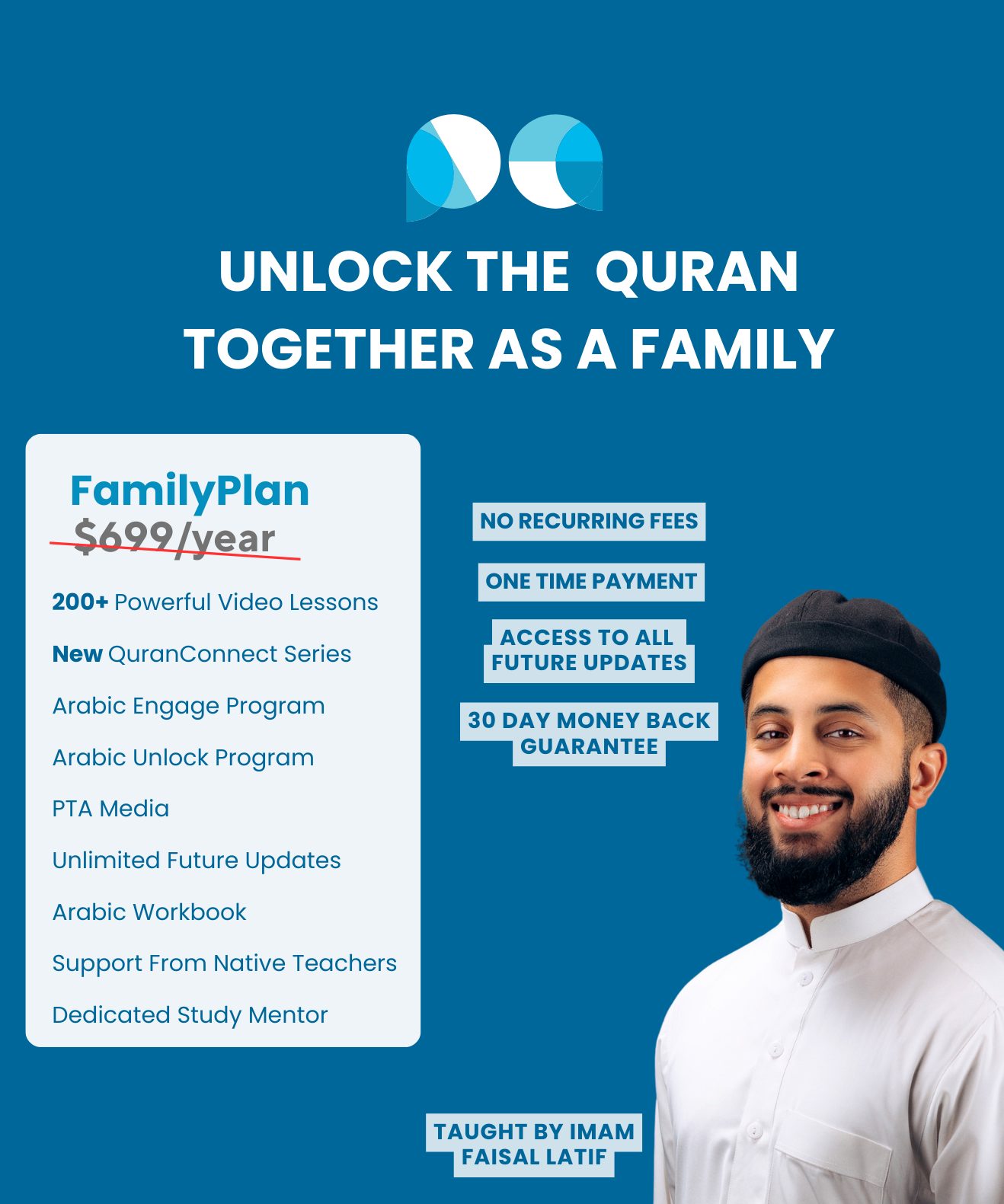 Promotional graphic for a Quran learning program with a man in traditional attire against a blue background.